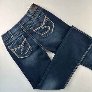 Silver Suki Mid Slim Bootcut Jeans 30x33 Dark Fade Wash Embroidered Flap Pockets